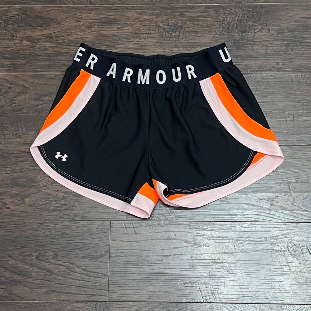 Under Armour Women’s Black Athletic Shorts with Pink & Orange Accents